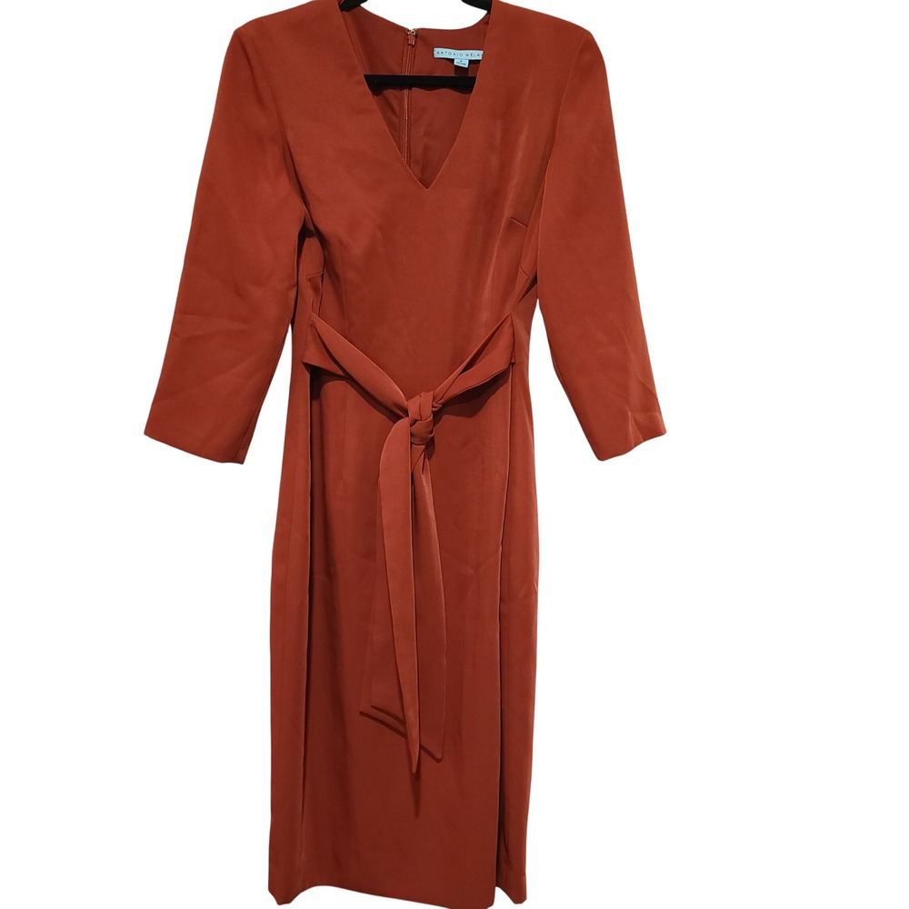 Antonio Melani Rust Orange V-Neck Sheath Dress 3/4 Sleeve Belted‎ Midi Size 6